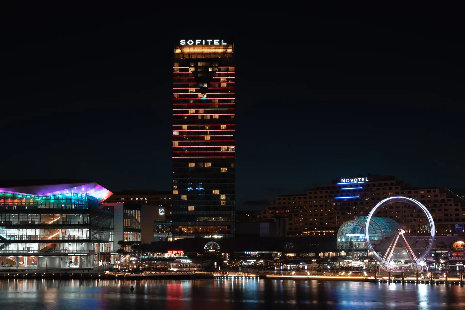 Sydney skyline at night with luxury casino resort architecture